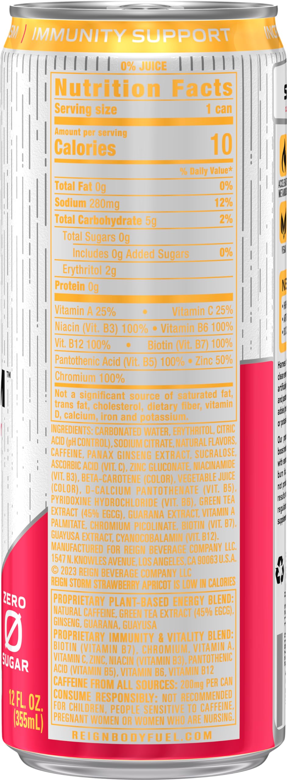 REIGN Fitness & Wellness Energy Drink, Strawberry Apricot, 12 Fl Oz, Pack of 12