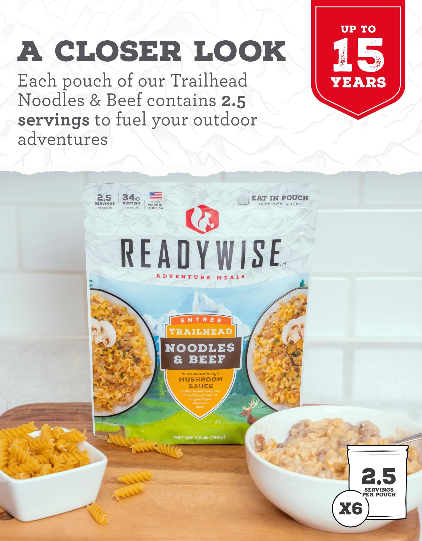 Readywise - Adventure Meal, Creamy Pasta With Chicken, 15 Servings Total, Pack Of 6, Emergency Preparedness, Freeze Dried Food,