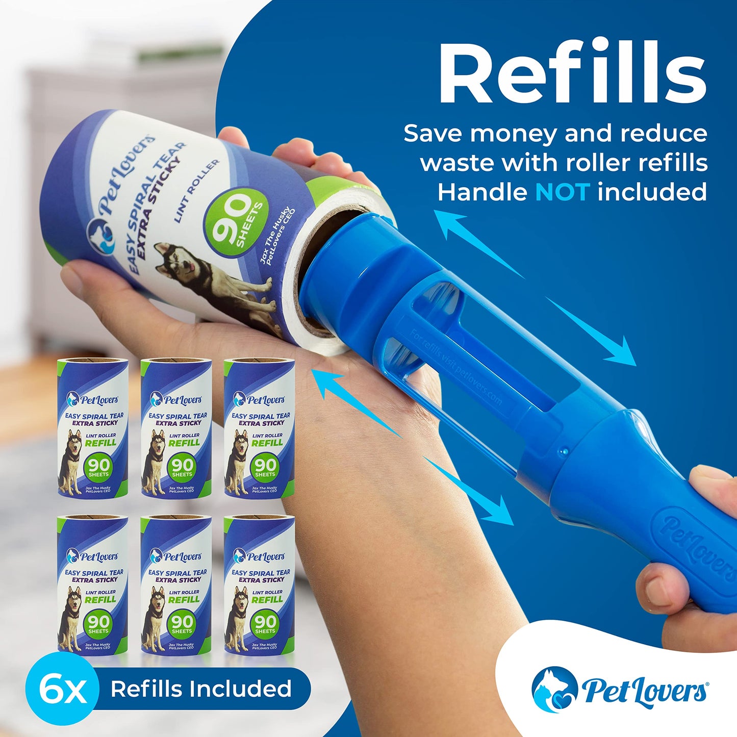 PetLovers Extra Sticky Lint Roller Refills - 6 Pack, 90 Sheets Each, Total 540 Sheets - Blue, No Handle Included