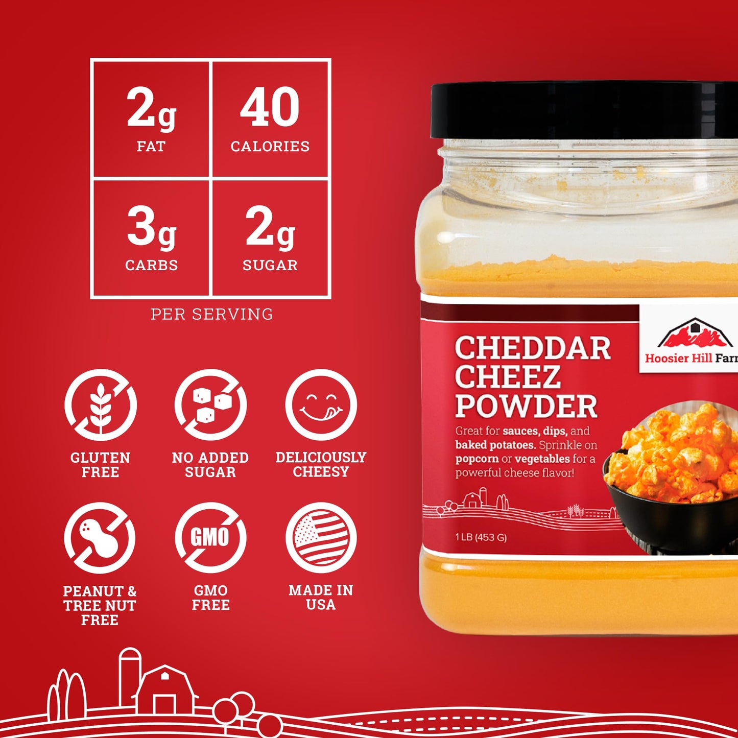 Hoosier Hill Farm Cheddar Cheez Powder, 1LB - Creamy Cheese Flavor for Cooking & Snacking, Perfect for Popcorn & Dishes