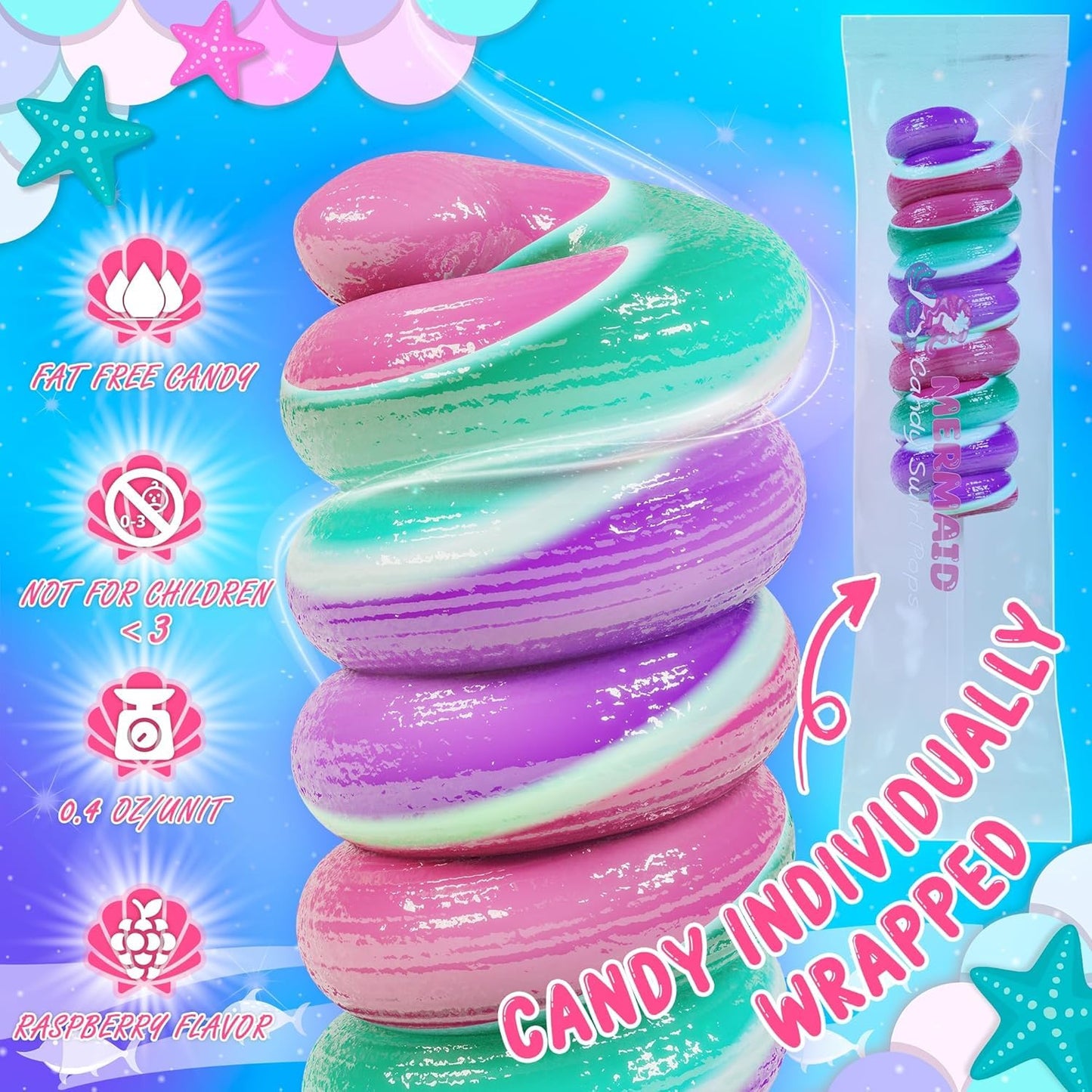 Mermaid Lollipops 100Pk- Swirl Lollipops Mermaid Candy For Little Mermaid Party Favors & Mermaid Party Supplies - Mermaid Sucker