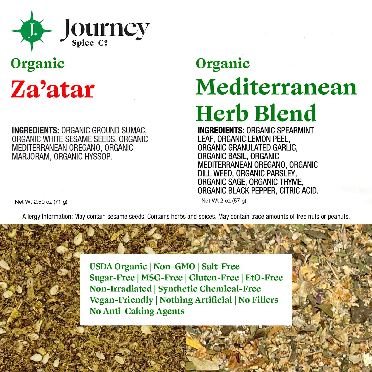 Gourmet Organic Mediterranean Herb Blend & Organic Za'Atar Gift Set By Journey Spice Co. | Salt-Free | Greek, Mediterranean, Mid