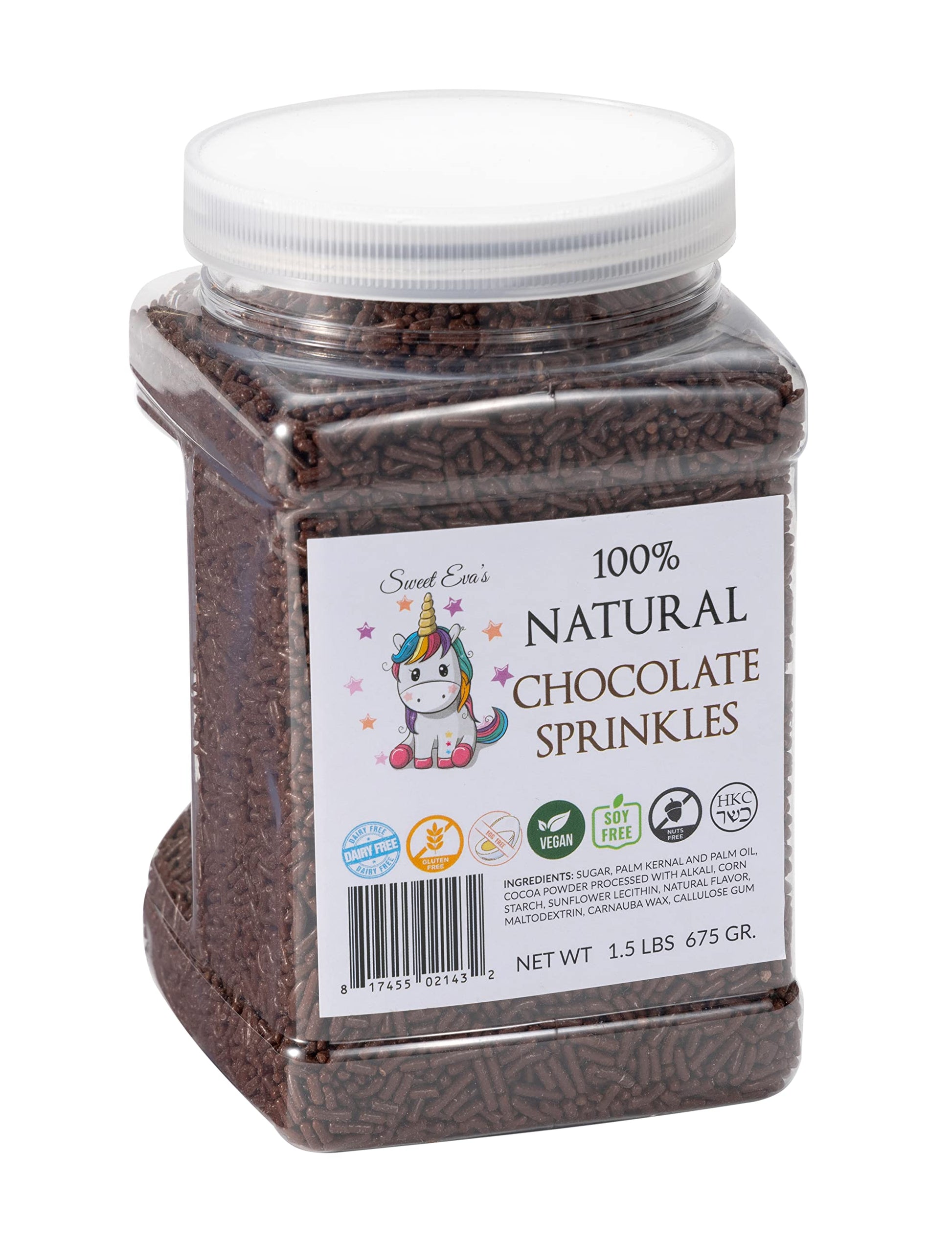 100% Natural Chocolate Sprinkles. Gluten Free. Dairy Free. Egg Free. Soy Free. Nuts Free. Vegan. Hkc. Lactose Free. Bulk- 1.5 Lb