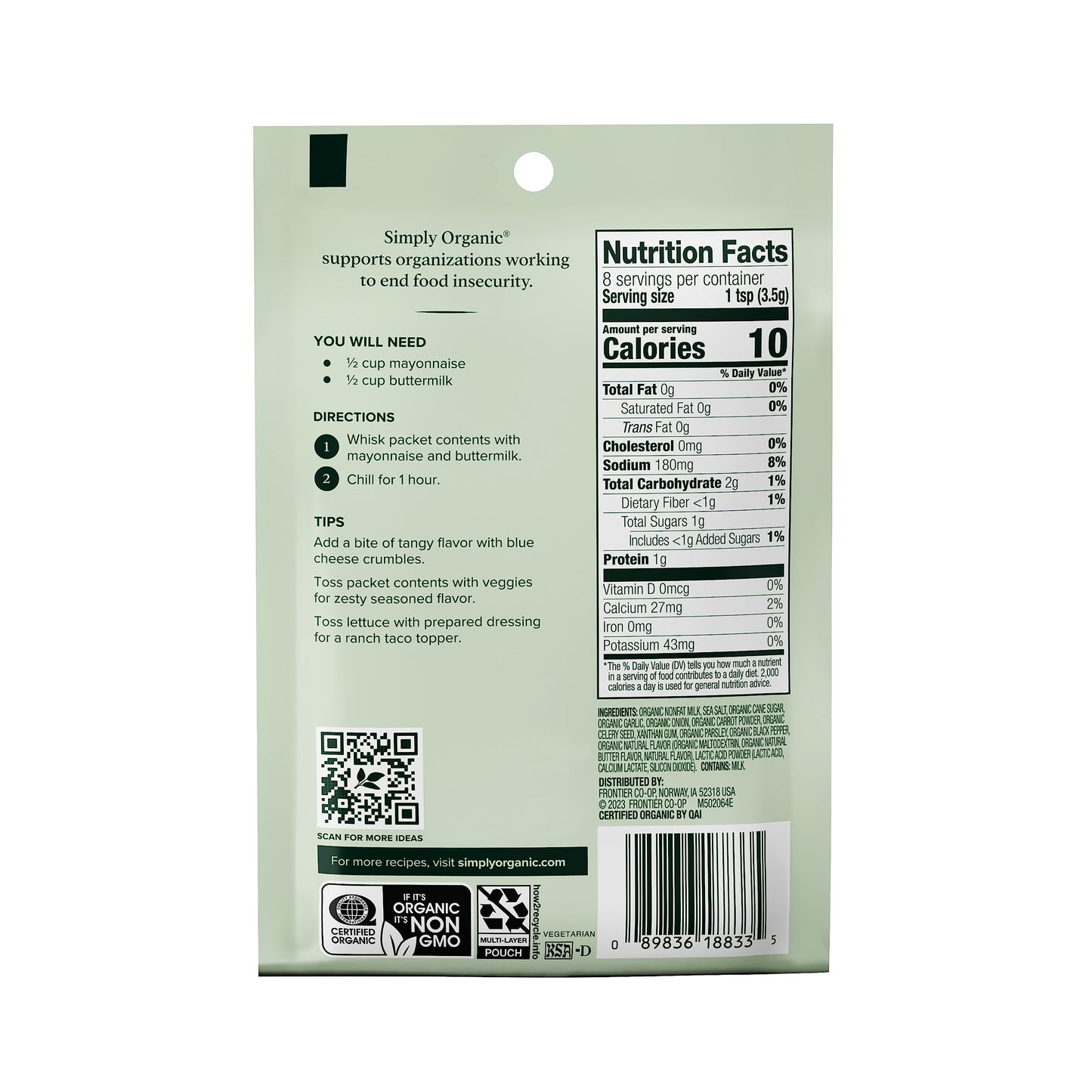 Simply Organic Ranch, Certified Organic, Gluten-Free | 1 Oz | Pack Of 3