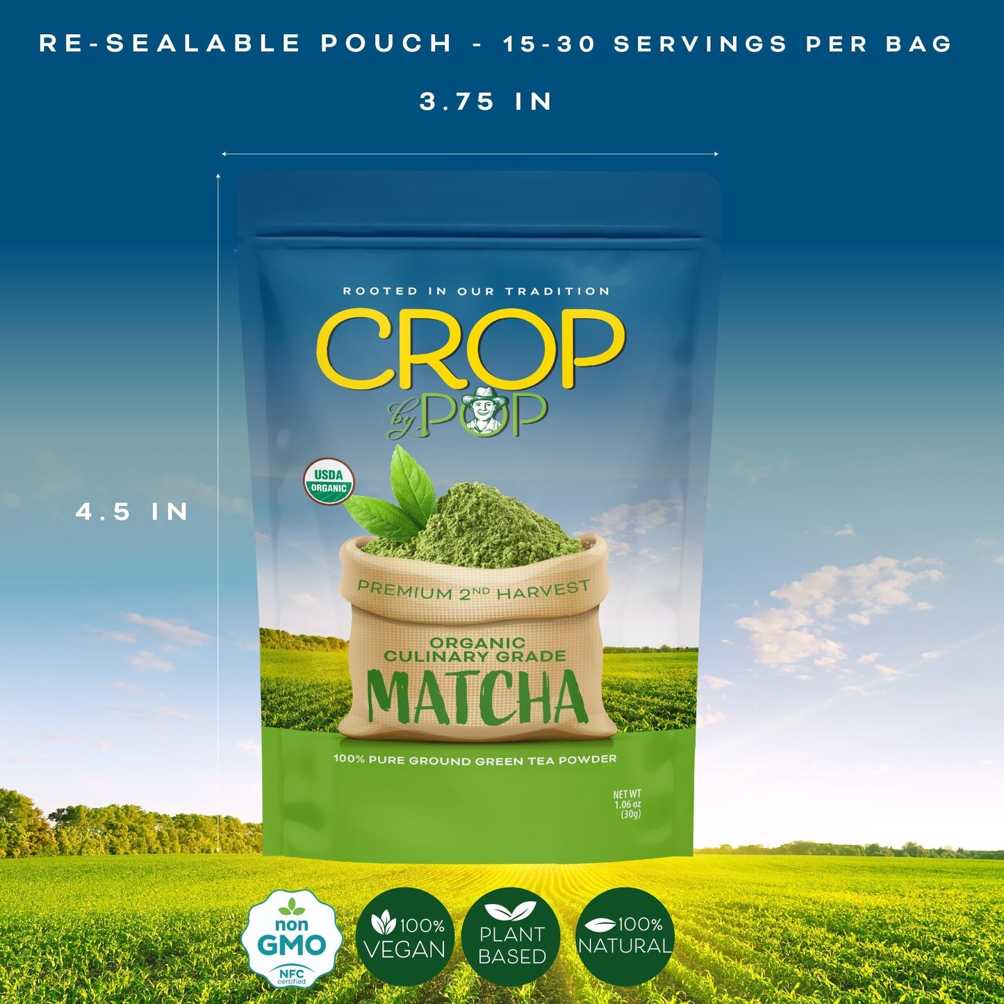 Crop By Pop - Usda Organic Culinary Grade Matcha Powder Green Tea Powder, (1.06 Oz) Authentic Japanese Origin, Non Gmo Certified