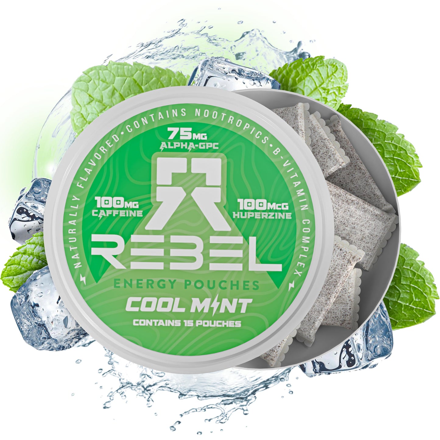 Rebel Supplements Nootropic Energy Caffeine Pouches, 100mg Caffeine, Sugar-Free, Cool Mint, Pack of 1