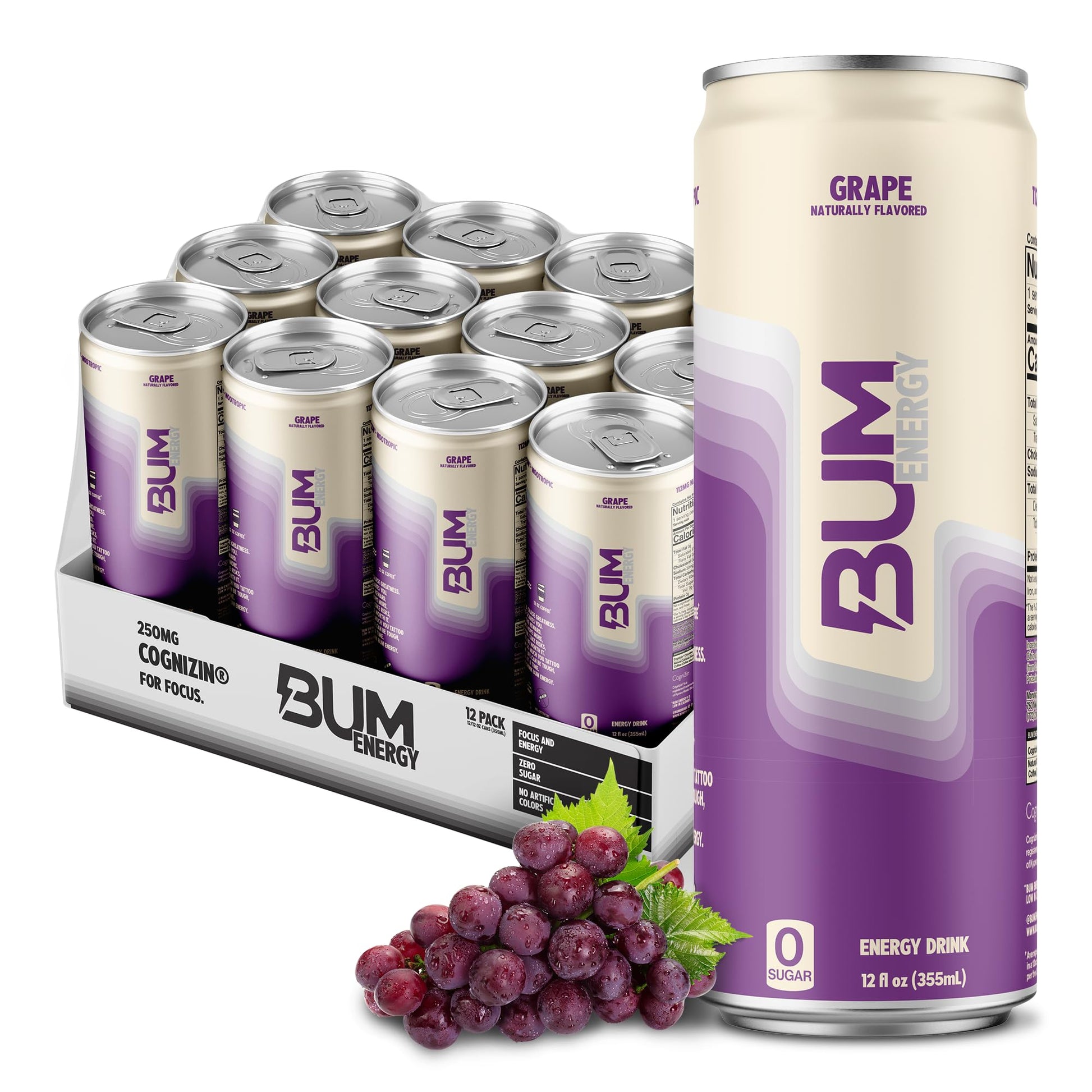 Bum Energy Sugar-Free Grape Energy Drink, Lightly Carbonated, Natural Caffeine, 12 oz, Pack of 12