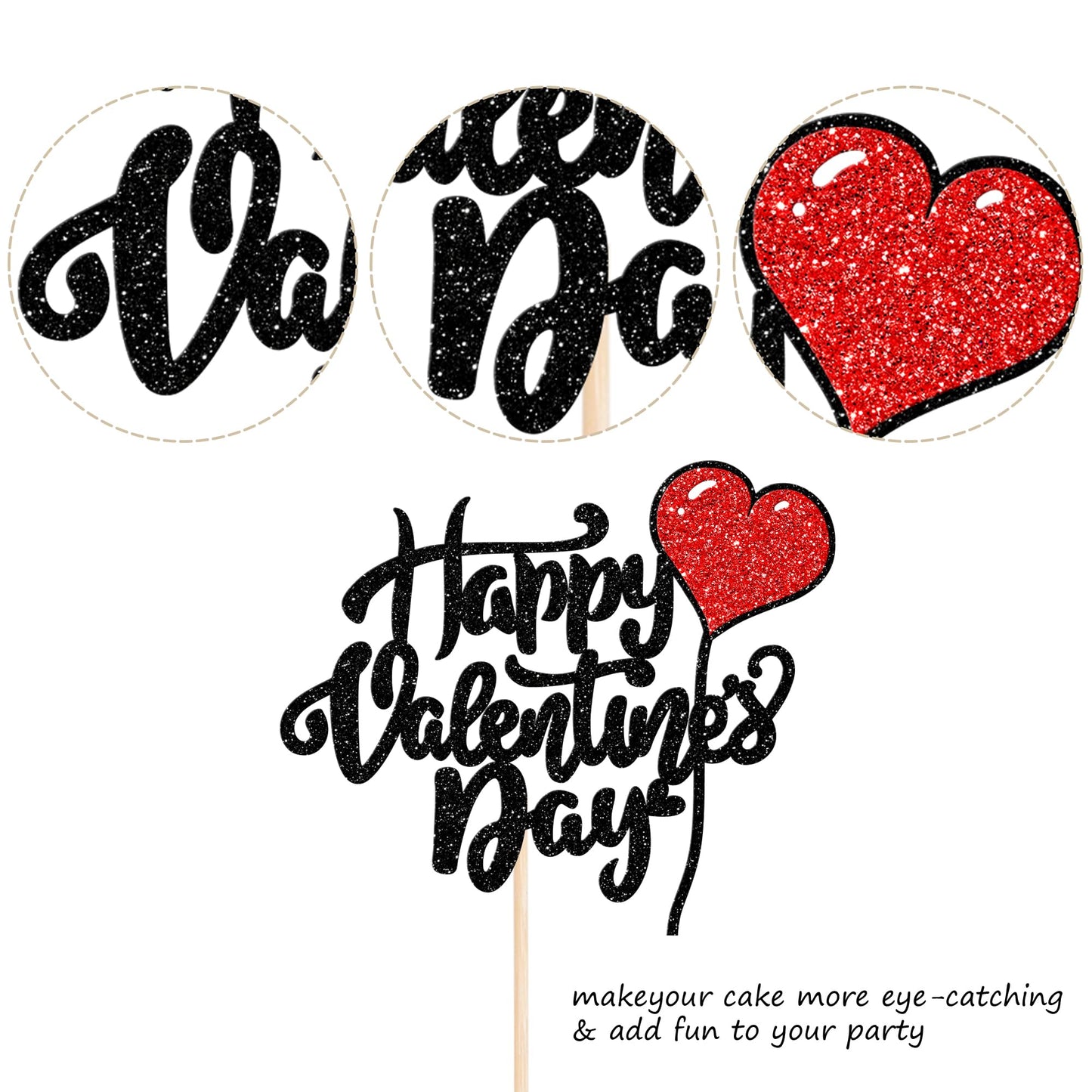 Rssta i Cake Topper - Valentines Day Glitter Heart, Black, Model XM637-black, Paper Decoration for Weddings & Parties