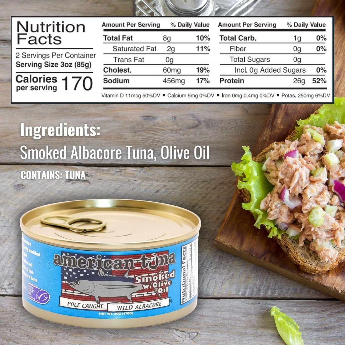 American Tuna Albacore Tuna Variety Pack - 6 Cans (2x6oz Garlic, 2x6oz Jalapeno, 2x5oz Smoked) - Dolphin Safe,