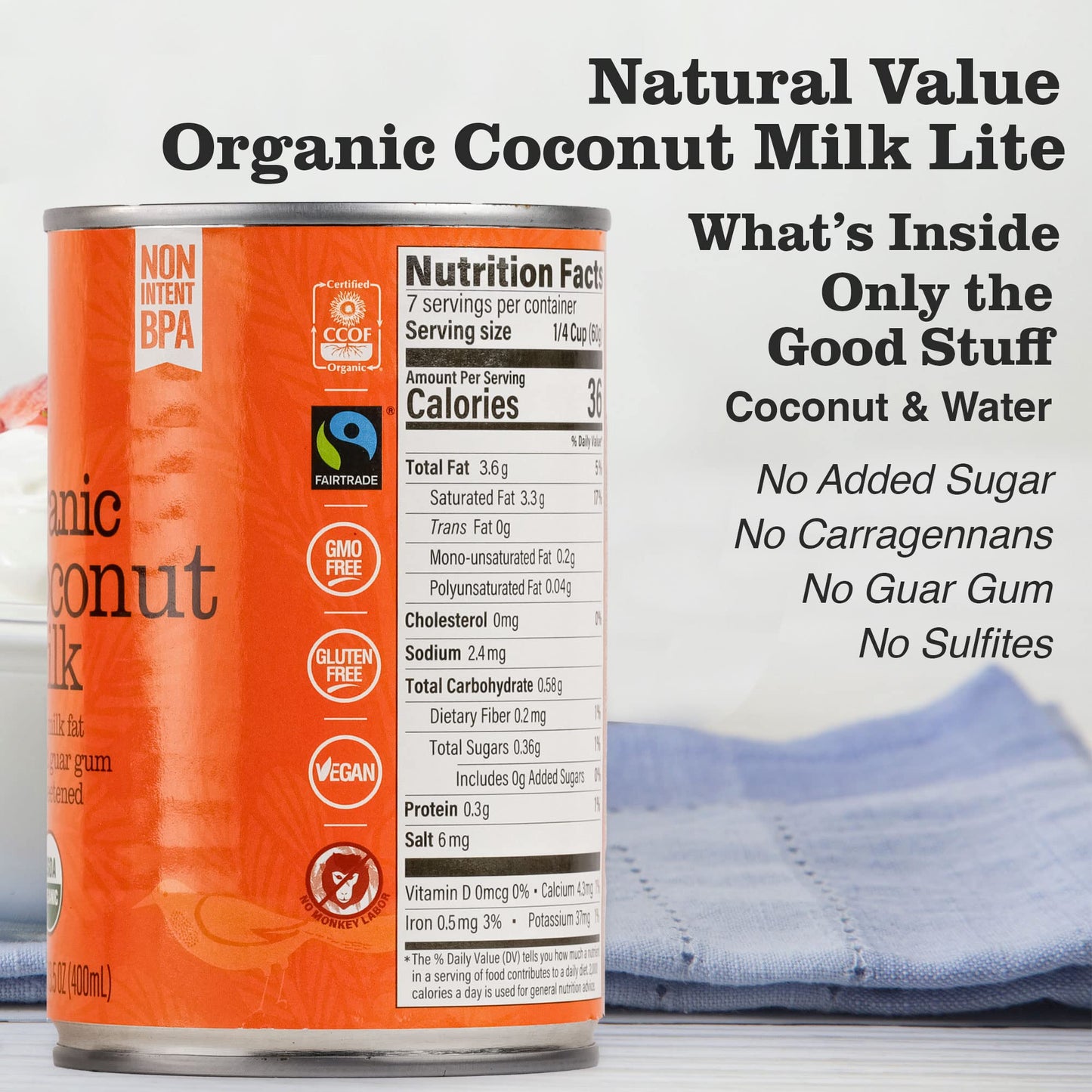Natural Value Coconut Milk, Organic, Lite 5-7% Milk Fat,13.5 oz (pack of 6) No added Guar Gum, Unsweetened, Gluten Free, Keto Fr