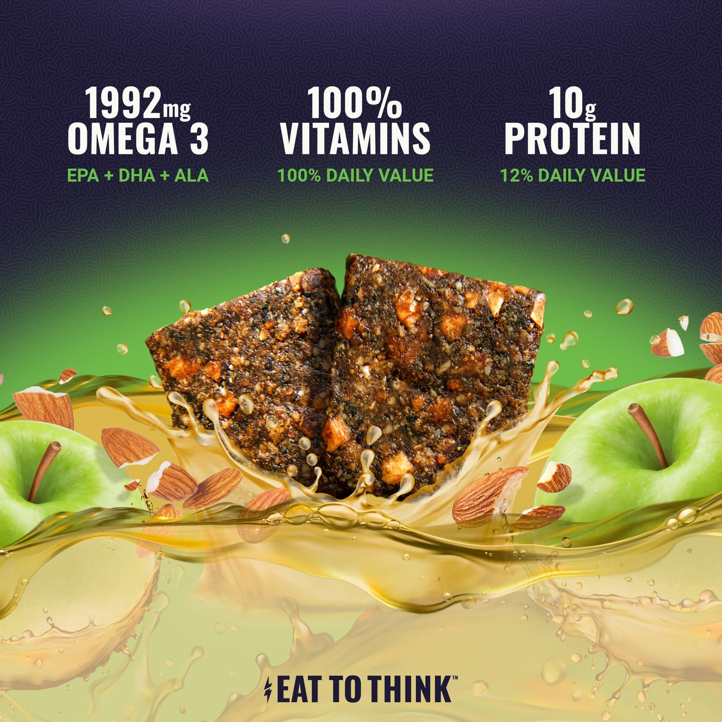Braincare Omega 3 Fig Bars, Apple Almond Crisp, Gluten-Free, 8 Count, 1,992mg Omega-3 Oil, High-Protein Snack