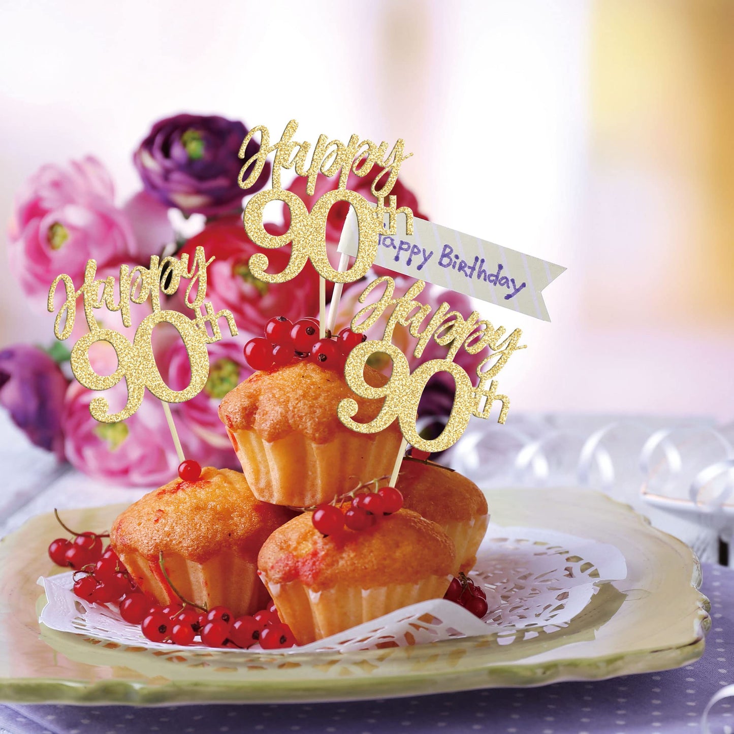 Gyufise 24Pcs Happy 90Th Cupcake Toppers Glitter Number 90 Ninety Cheers To 90 Cupcake Food Picks Decorations For 90Th Birthday