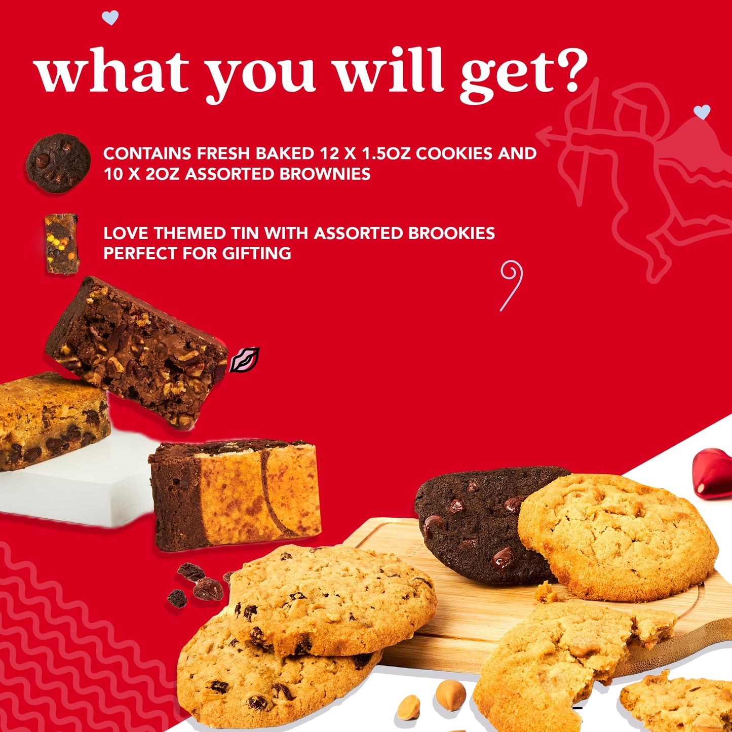 Davids Cookies and Brownies Love Gift Basket - 12 x 1.5oz Assorted Fresh Baked Cookies and 10 x 2oz Individually Wrapped Brownie