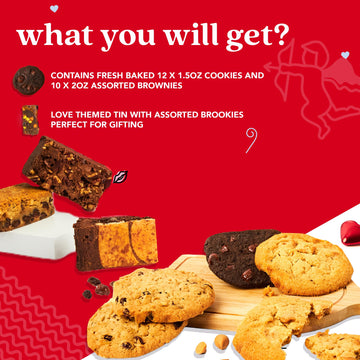Davids Cookies and Brownies Love Gift Basket - 12 x 1.5oz Assorted Fresh Baked Cookies and 10 x 2oz Individually Wrapped Brownie
