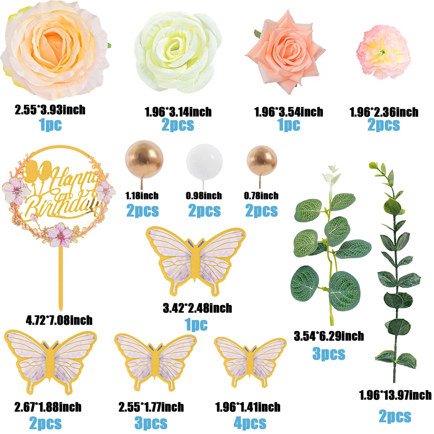 28Pcs Flower Cake Topper 3D Butterfly Acrylic Happy Birthday Cake Toppers Artificial Carnation Rose Flowers Eucalyptus Leaves Ca