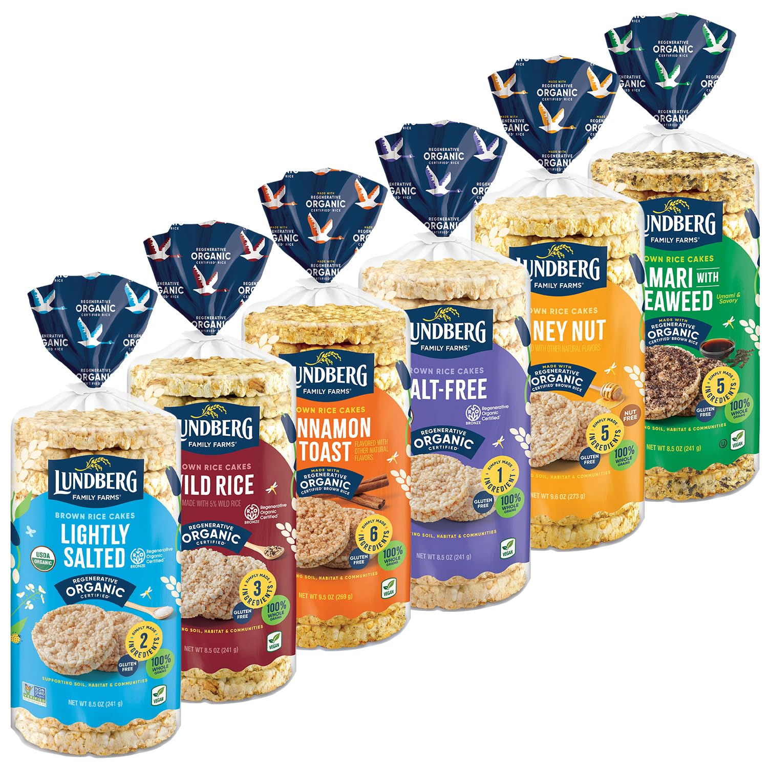 Lundberg Organic Brown Rice Cakes Variety 6-Pack - Regenerative Organic Certified Salt-Free, Lightly Salted, Wild Rice, Tamari w