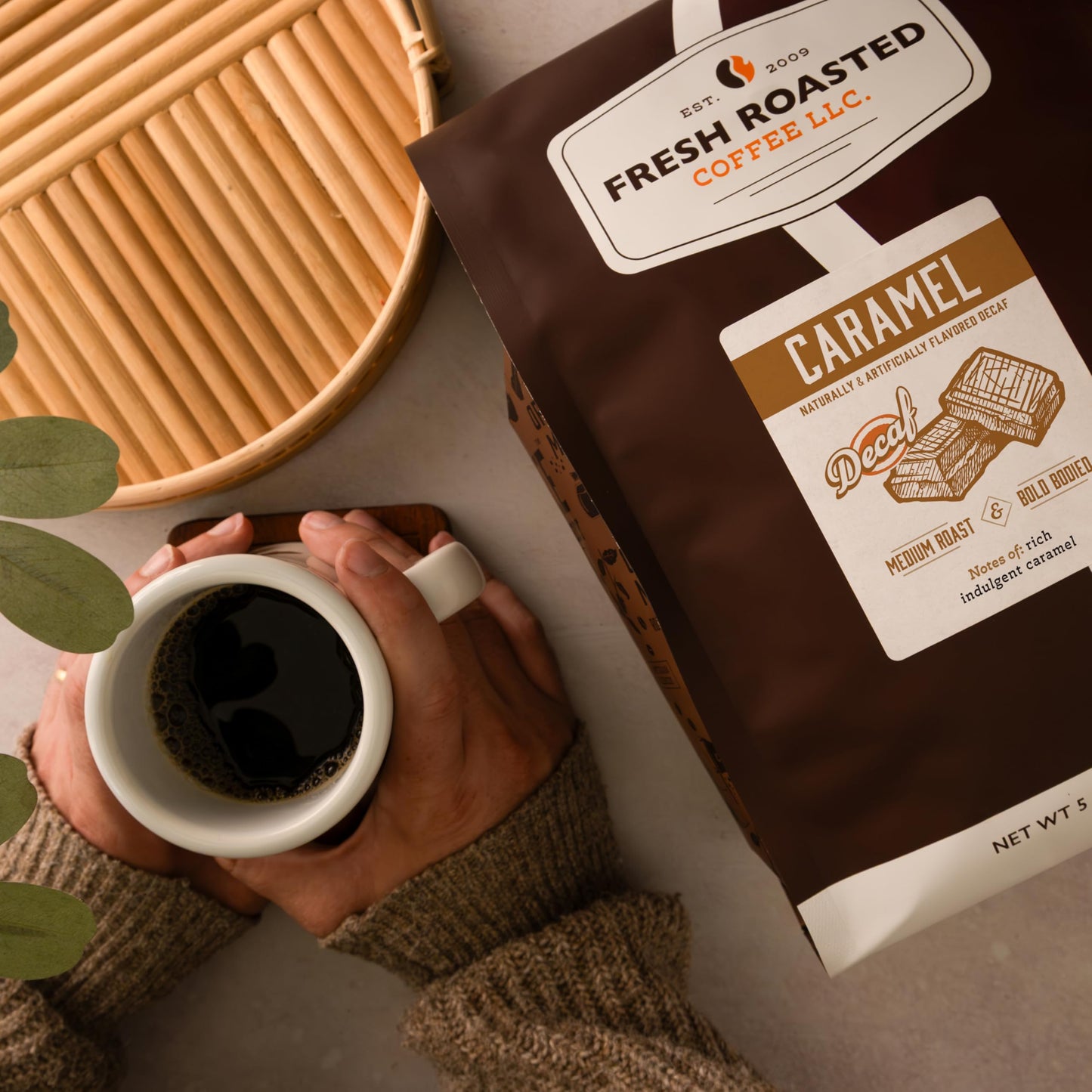 Fresh Roasted Coffee Decaf Caramel Flavored Whole Bean, Medium Roast, 5 lb (80 oz)