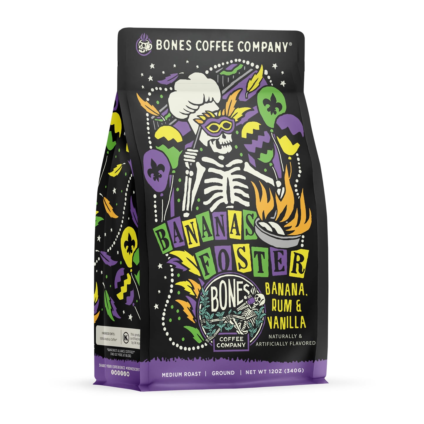 Bones Coffee Company Bananas Foster Ground Coffee Beans  Banana Rum & Vanilla Flavor  Low Acid Flavored Coffee  Made with Arabica Coffee Beans  Medium Roast Gourmet Coffee (12 oz)