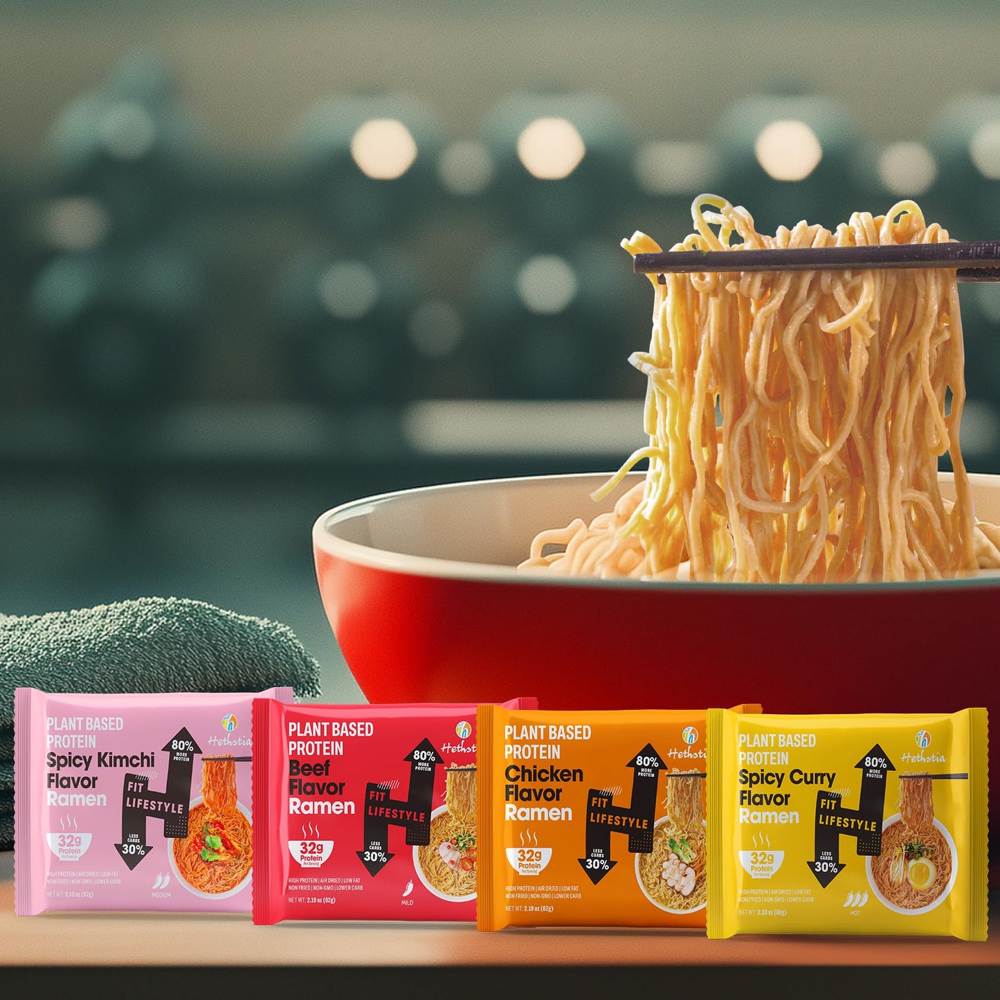Hethstia High-Protein Ramen Variety Pack (Chicken  Beef  Spicy Kimchi  Spicy Curry)  6-Pack Instant Ramen Noodle Soup  32g Plant-Based Protein  Vegan  Non-GMO  Low Fat  Pre-Packaged Quick Meal