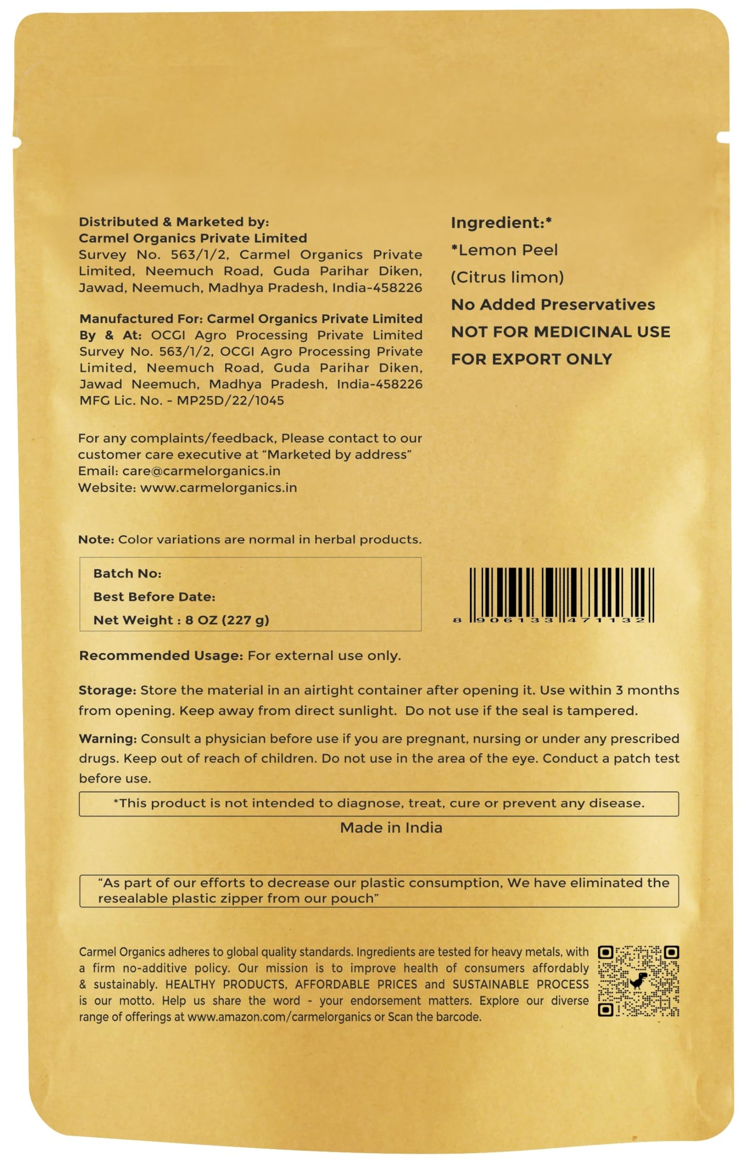 CARMEL ORGANICS Lemon Peel Powder, 8 Ounce or 227 Grams(Pack of 1) | Pure and Natural For Skin Care | No Added Preservative | Ci