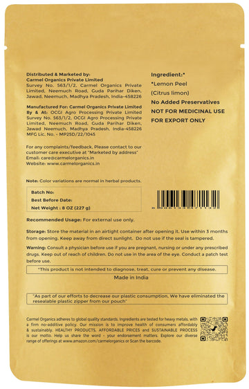 CARMEL ORGANICS Lemon Peel Powder, 8 Ounce or 227 Grams(Pack of 1) | Pure and Natural For Skin Care | No Added Preservative | Ci