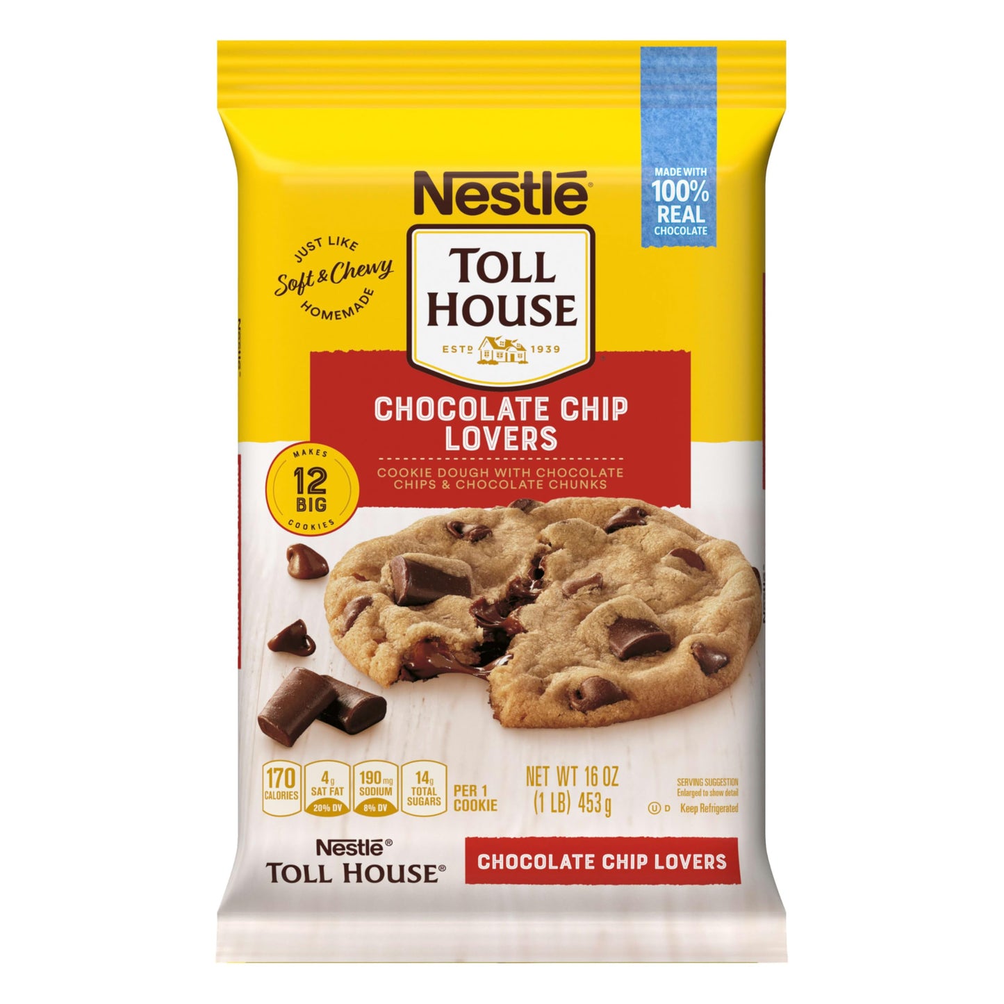 Nestle Toll House Chocolate Chip and Chocolate Chunk Cookie Dough with 100% Real Chocolate Chips - 12 Big Ready to Bake Chocolat