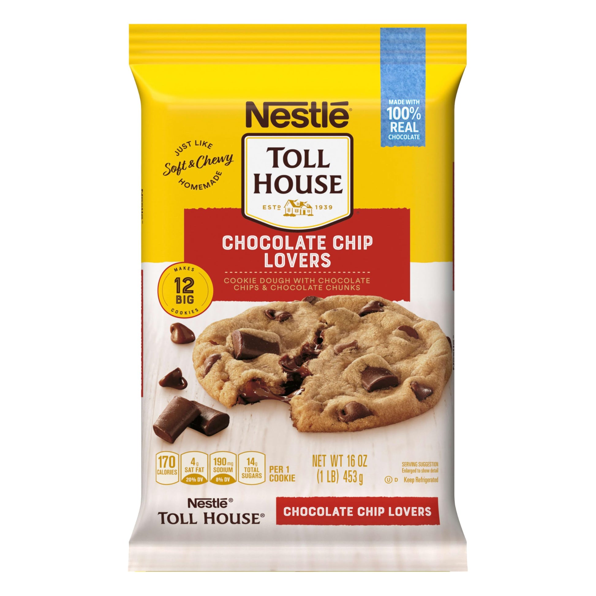 Nestle Toll House Chocolate Chip and Chocolate Chunk Cookie Dough with 100% Real Chocolate Chips - 12 Big Ready to Bake Chocolat