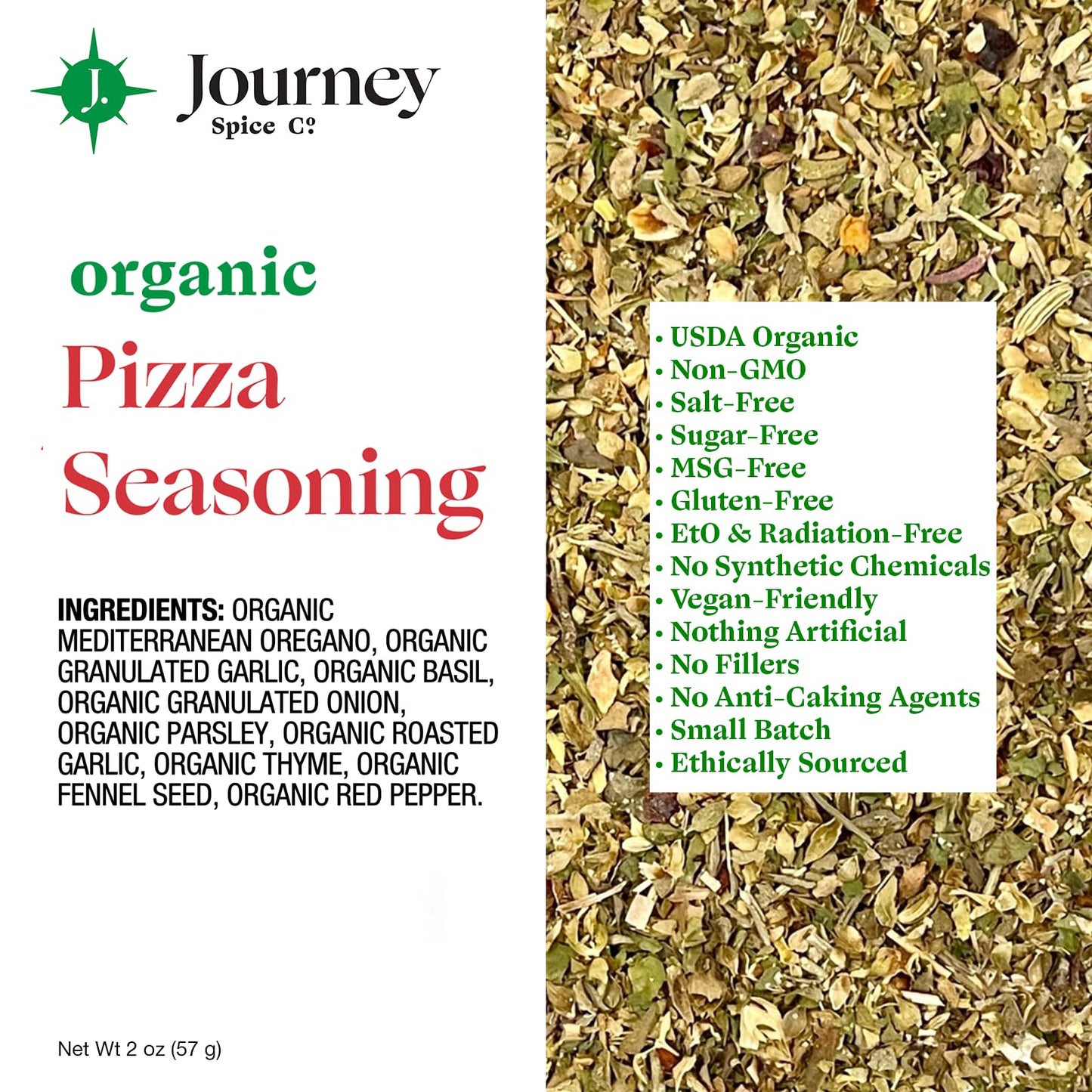 Organic Pizza Seasoning By Journey Spice Co. | Salt-Free, Sugar-Free, Non-Gmo, Msg-Free | Natural Mediterranean Italian Spice He