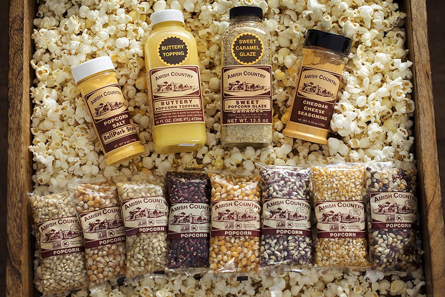 Amish Country Popcorn | 8-4 Ounce Variety Gift Set With Buttery Topping, Sweet Caramel Glaze, Ballpark Salt & Cheddar Cheese Sea