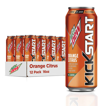 Mountain Dew Kickstart Orange Citrus Drink, 92mg Caffeine, 80 Calories, 16 Fl Oz, Pack of 12