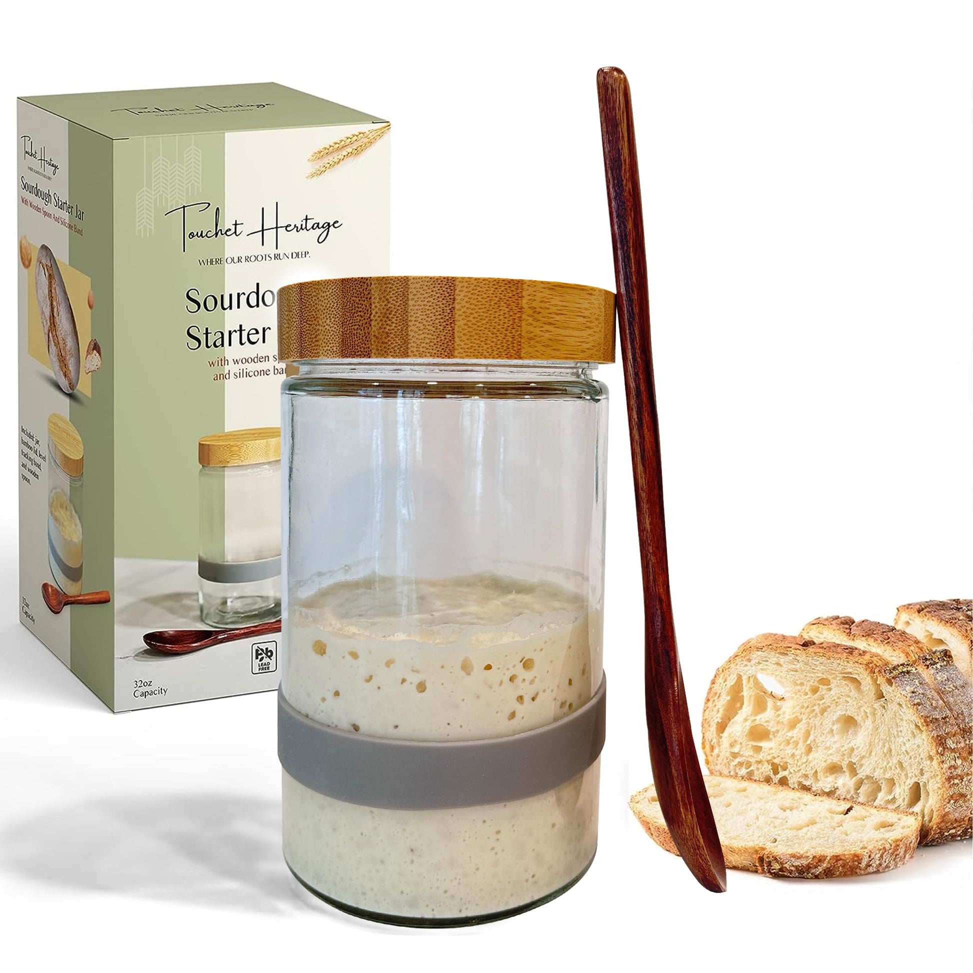 Touchet Heritage Sourdough Starter Jar - 32oz Thick Glass with Bamboo Lid, 6.5” x 4”, Includes Wooden Spoon & Silicone Measuring Band