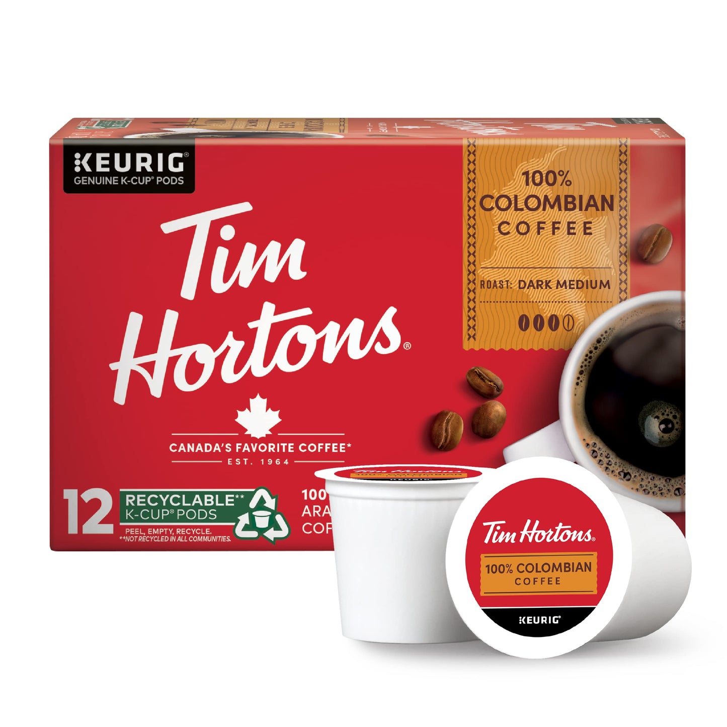 Tim Hortons 100% Colombian Medium Dark Roast Coffee K-Cup Pods 12 Count Red