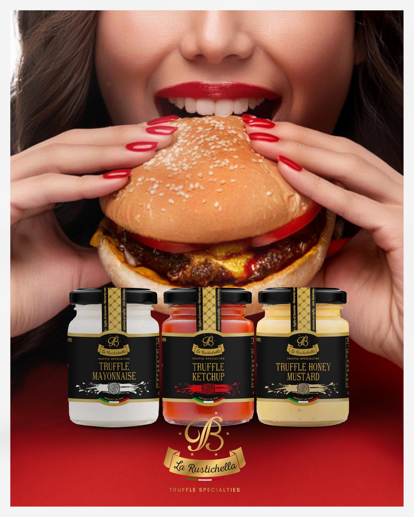 La Rustichella - Truffle Dip Sauces Set - Black Truffle Sauces: Ketchup 3.5 Oz/100Gr, Mayonnaise 3.2 Oz/ 90Gr, Sweet Honey Musta