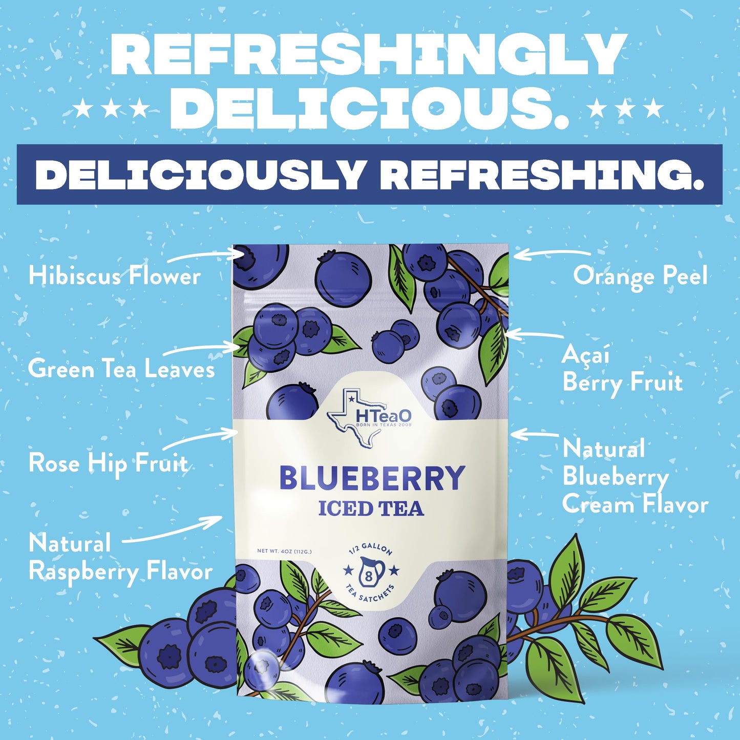 HTeaO Iced Tea Sachets - Blueberry Green Tea Mix for Instant Ice Tea - 8 Gallons Per Package - Real Texas-Style Flavored Iced Te