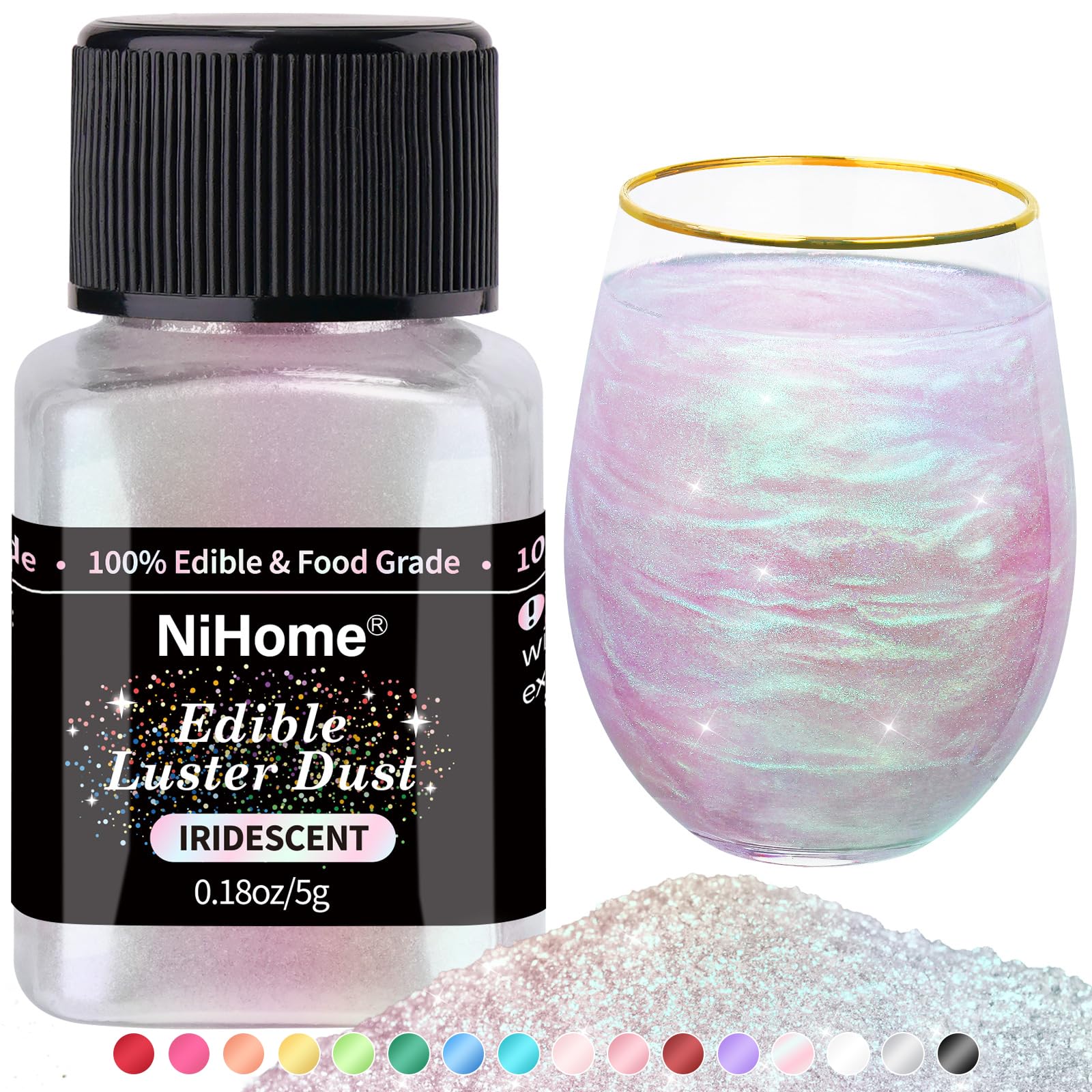 NiHome Edible Food-Grade Glimmer Powder Glitter Luster Dust Metallic Food Decorating Sprinkle Glimmery Dust for Drink Wine Beverage Cake Candy Dessert Bakery Restaurant Vegan (0.18oz/5g  Iridescent)