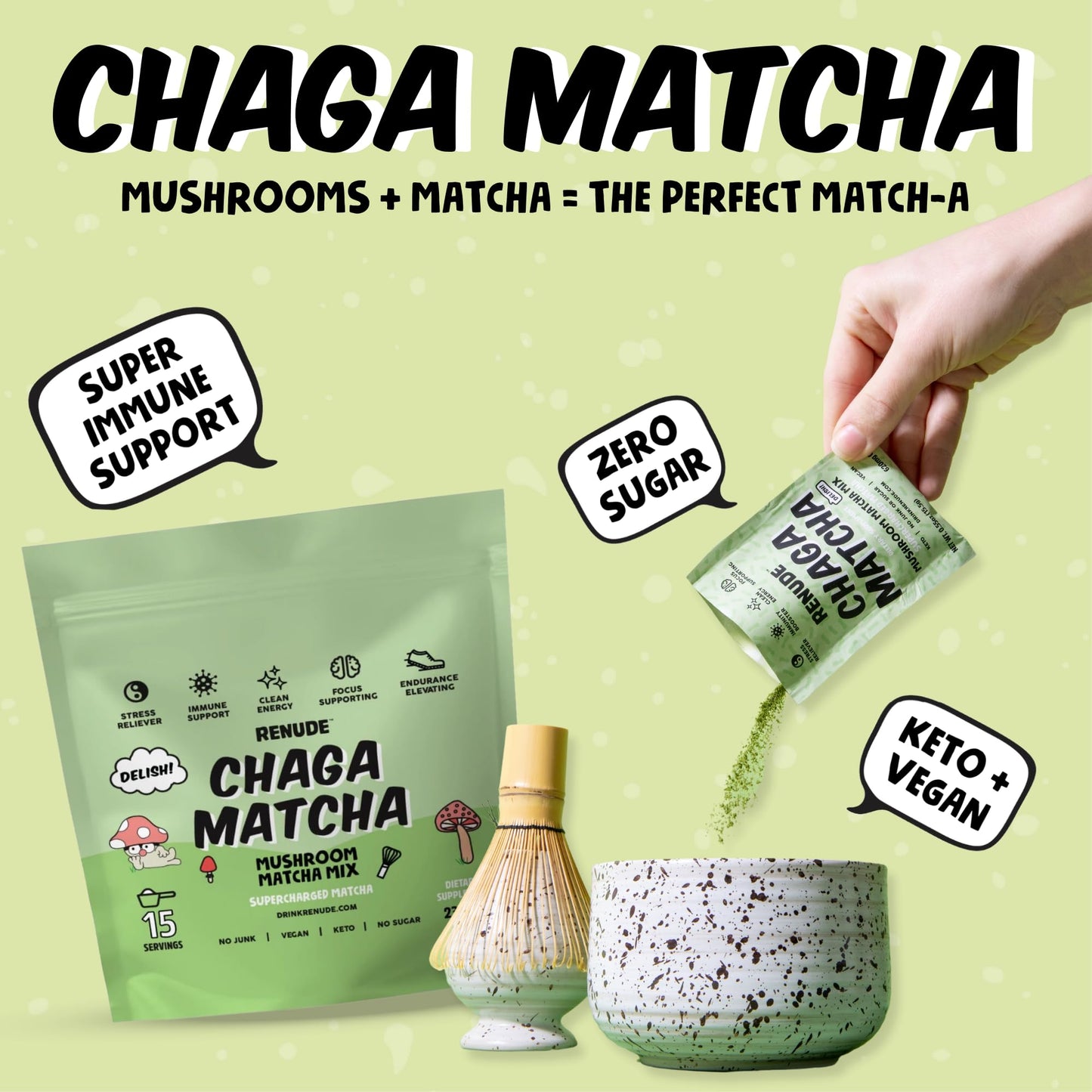 Re  Chaga Matcha Superfood Drink Mix, Keto, Vegan, Sugar Free, 10 Servings, 0.55 Ounce