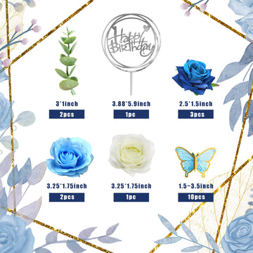 19 Pcs Flower Cake Toppers Butterfly Happy Birthday Cake Decorations With Artificial Blue Rose Flowers Eucalyptus Butterflies Fo