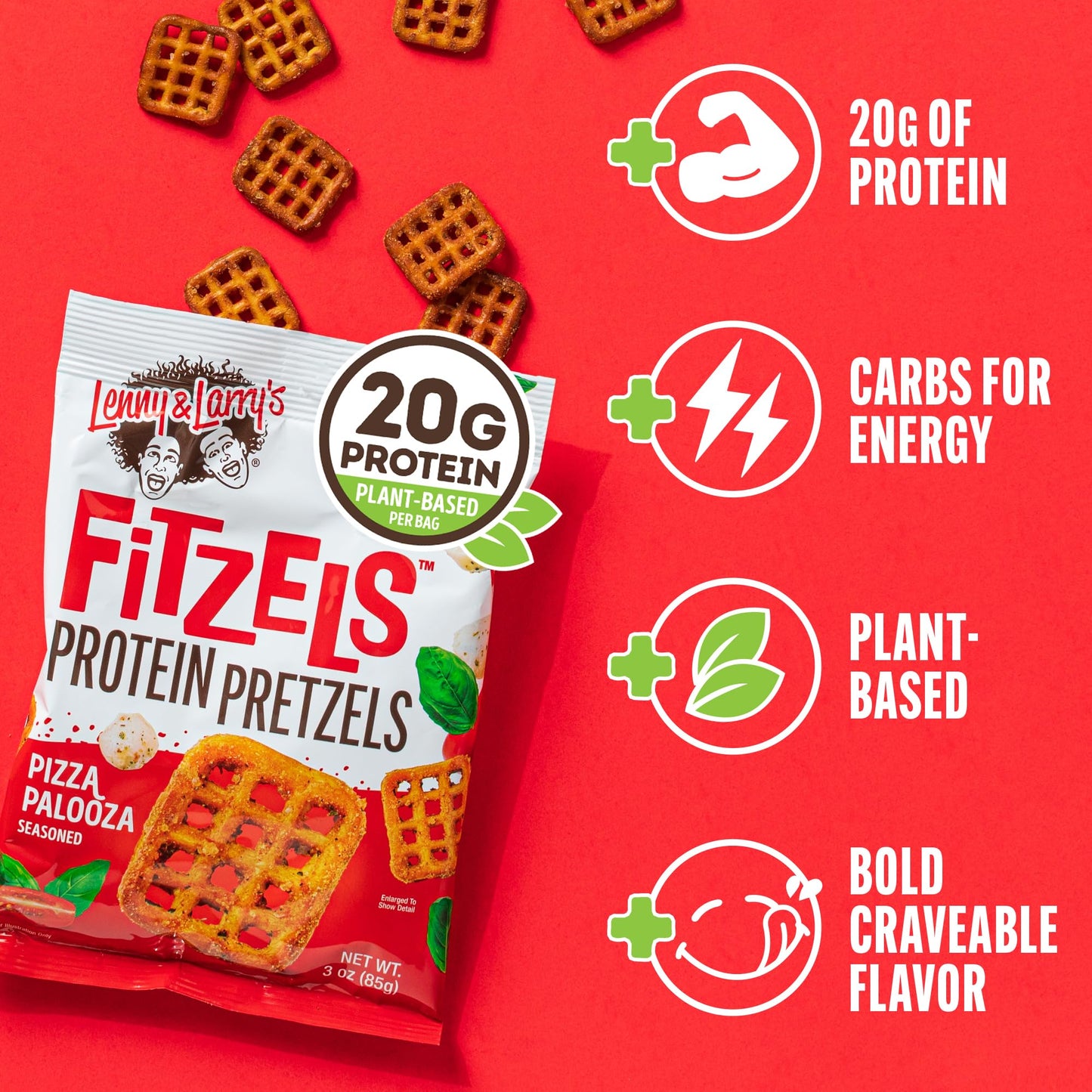 Lenny & Larry'S Pizza Palooza Fitzels- Savory Pretzel Snacks Incredibly Tasty High Protein, Salty, Vegan, Kosher 20 G'S Of Plant Based Protein 8 (Eight) Bags, 3 Oz Each