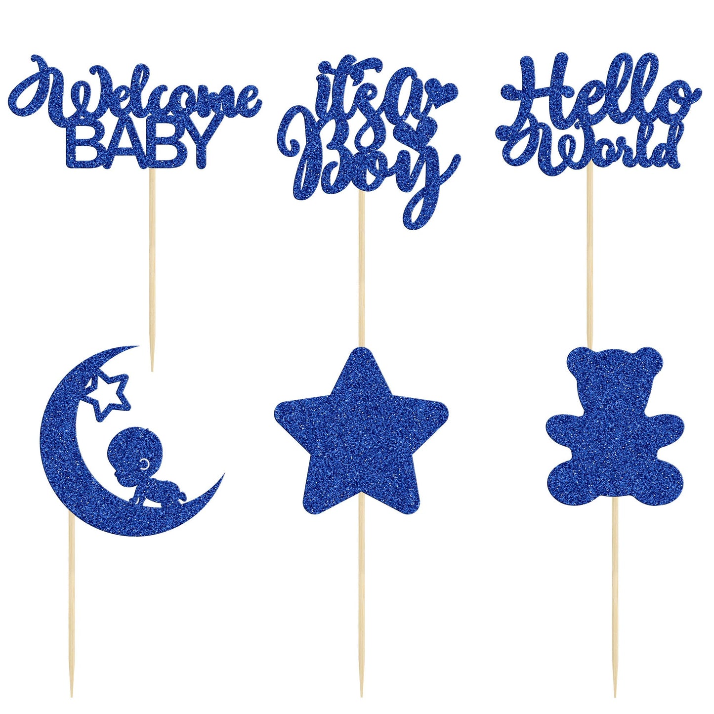 Gyufise 24Pcs Baby Shower Boy Cupcake Toppers With Moon Star Bear Light Blue Glitter It'S A Boy Welcome Baby Hello World Baby Bo