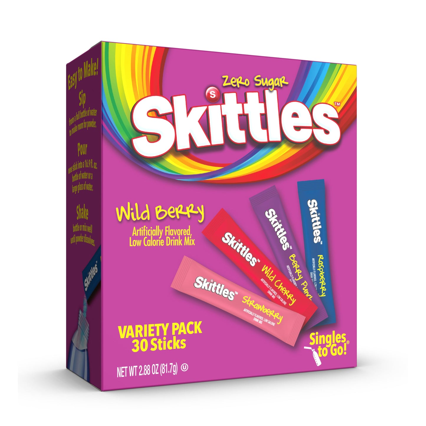 SINGLES TO GO! Skittles Singles To Go Wild Berry Variety Pack, Zero Sugar, 30 Count, Model 77S-6248