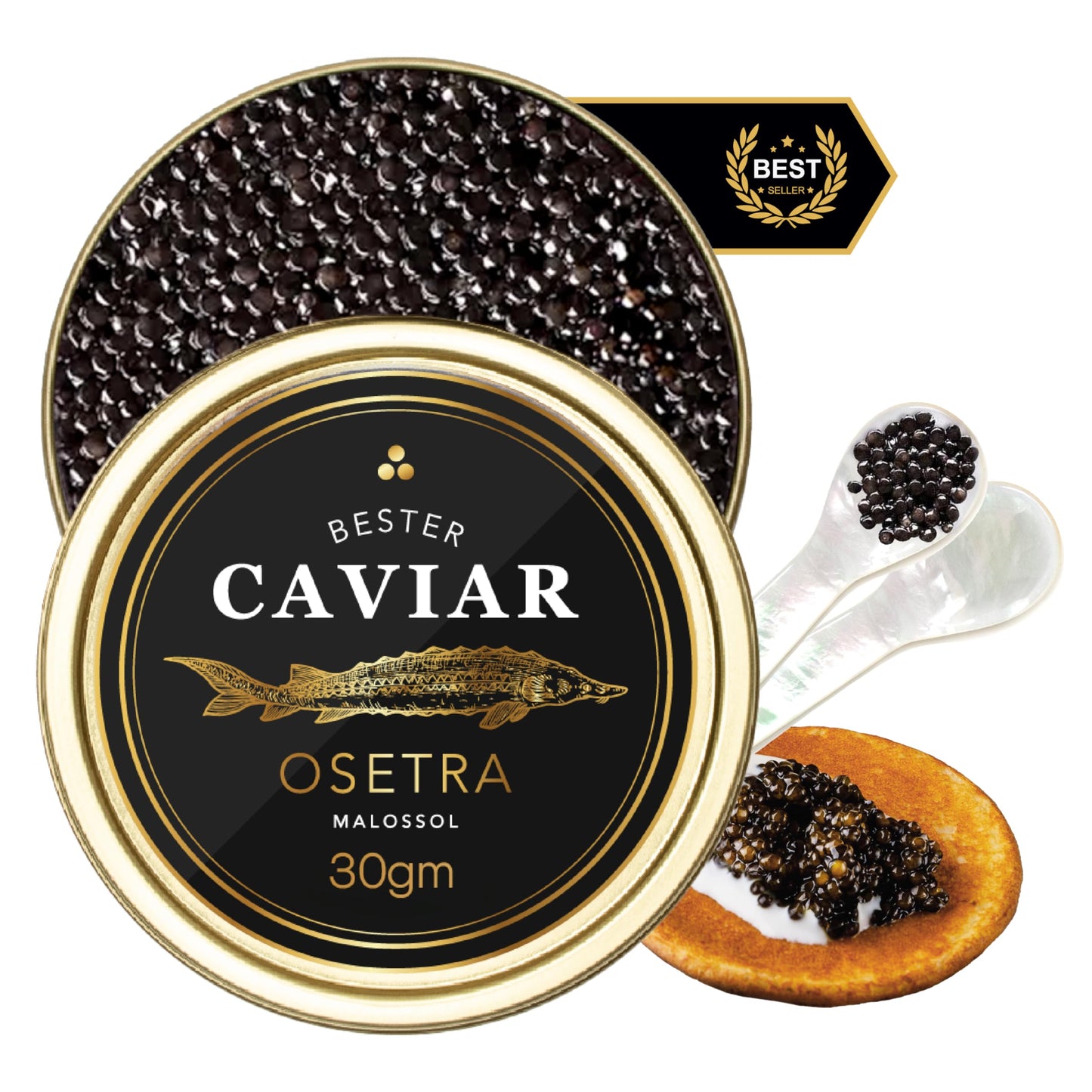 BESTER CAVIAR enhanced Osetra Sturgeon Caviar - Traditionally Harvested Malossol Ossetra Black Roe with Mother of Pearl Spoon - Single Tin (1 oz)