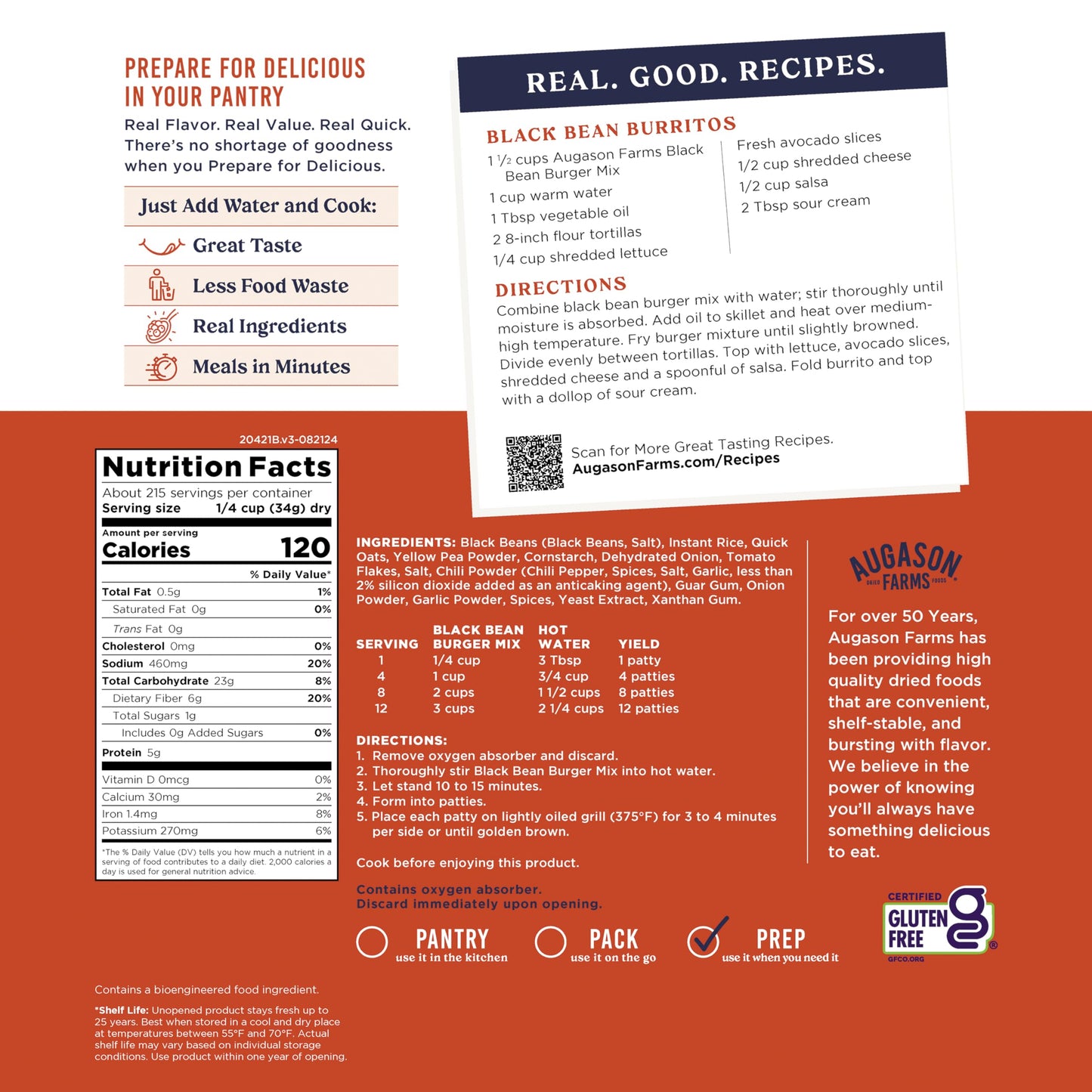 Augason Farms Black Bean Burger Mix 4-Gallon Pail, Certified Gluten Free, Emergency Food Supply, Everyday Meals, 215 Servings