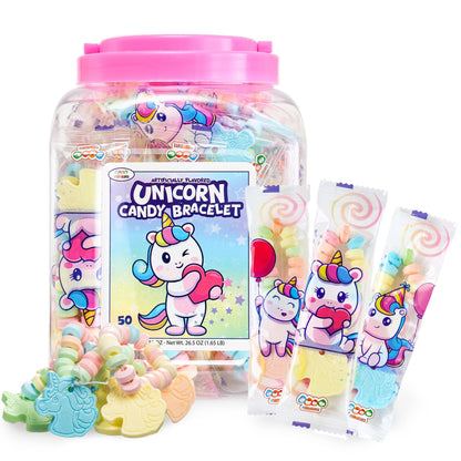 50 Unicorn Candy Bracelets, Individually Wrapped Jewelry for your Unicorn Themed Party, Bulk Candy Perfect for Goody Bags, Party