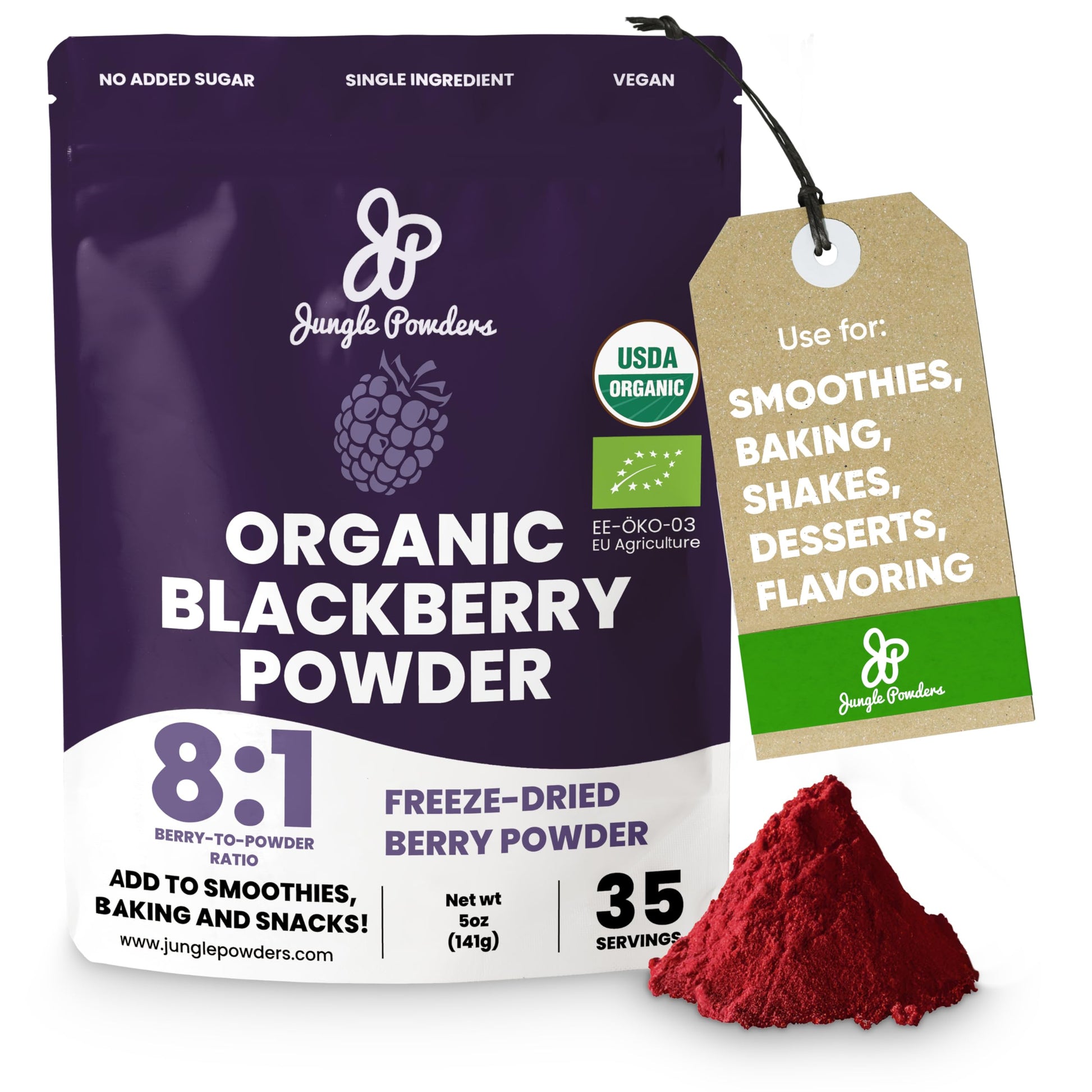 Jungle Powders Organic Blackberry Powder 5 Ounce Bag USDA Certified Freeze Dried Blackberries Powder for Baking Whole Blackberry