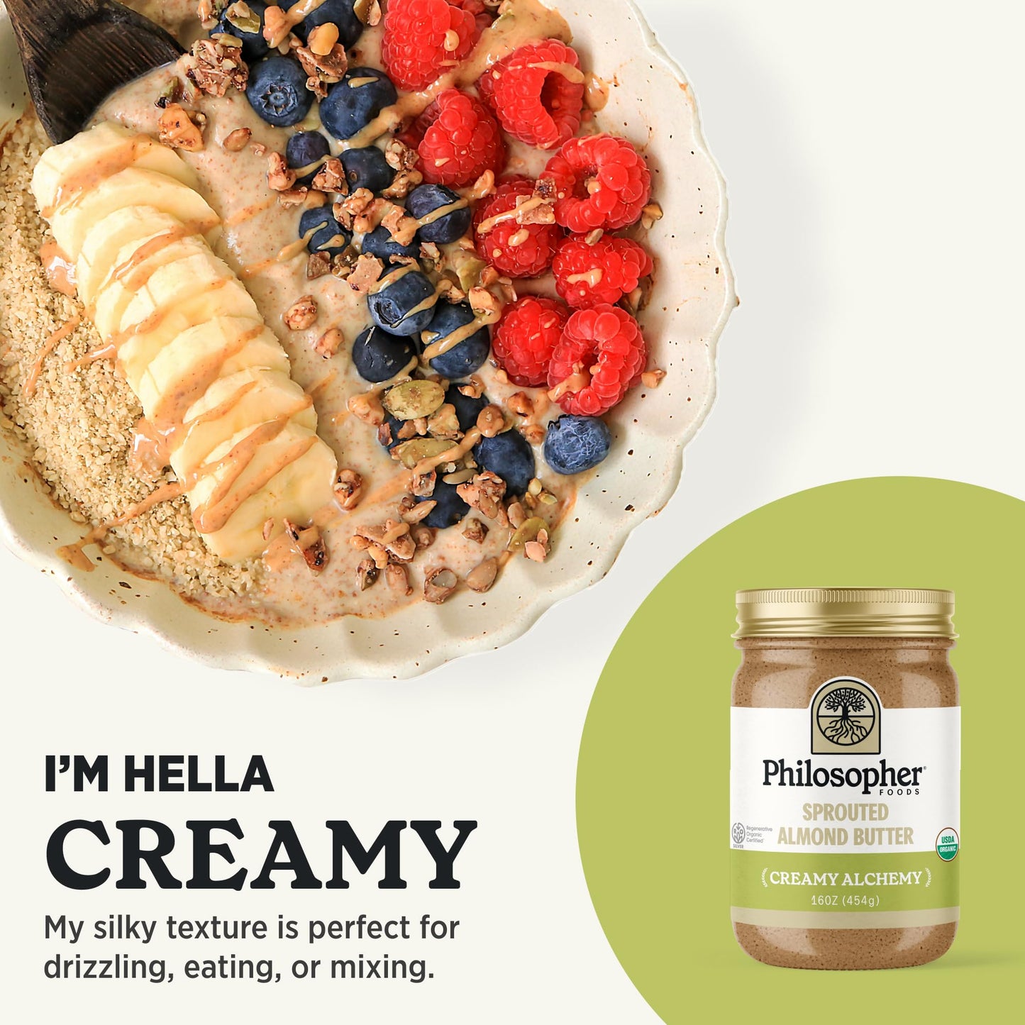 Philosopher Foods - Creamy + Crunchy Alchemy Sprouted Almond Butter - 16 Oz (Pack Of 2) - Stone Ground Regenerative Organic Crea