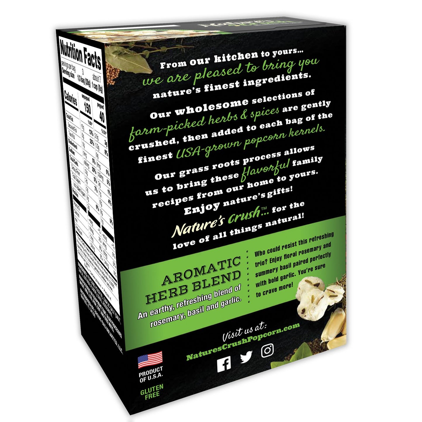 Natures Crush Natural Microwave Popcorn, Aromatic Herb Blend - Rosemary Basil Garlic, Gourmet Crushed Herbs And Spices (1 Box)