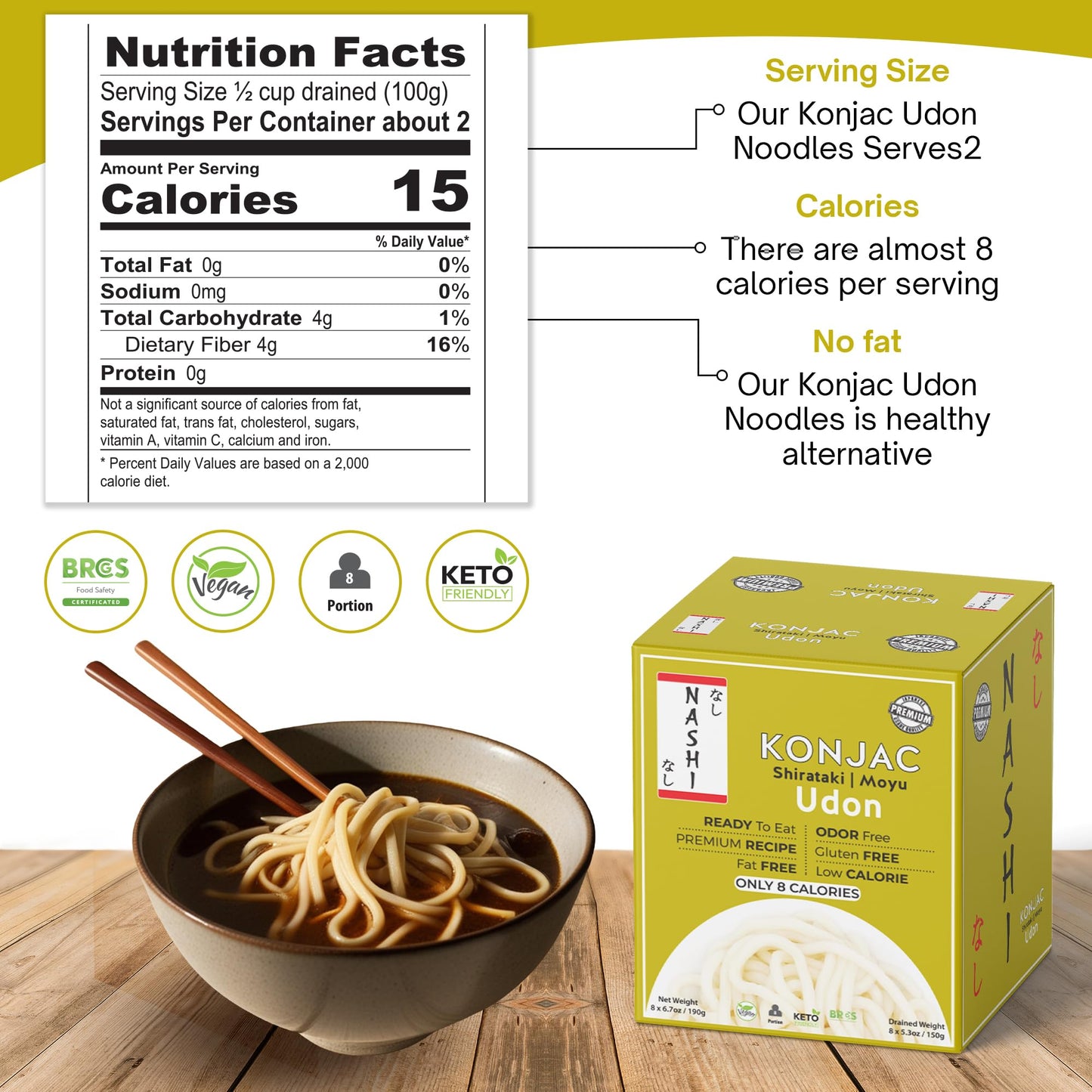Nashi Shirataki Konjac Premium Udon Noodles (8X190G) - Glucomannan Premium Recipe, Keto-Friendly | Low-Calorie, Zero-Carb, Vegan