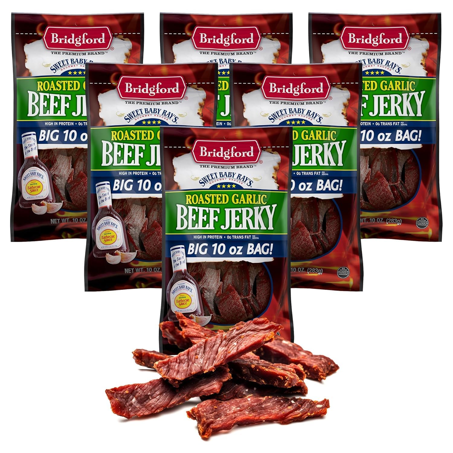 Bridgford Beef Jerky Roasted Garlic - 10 oz, 6 Pack, High Protein, Ready-to-Eat Snacks