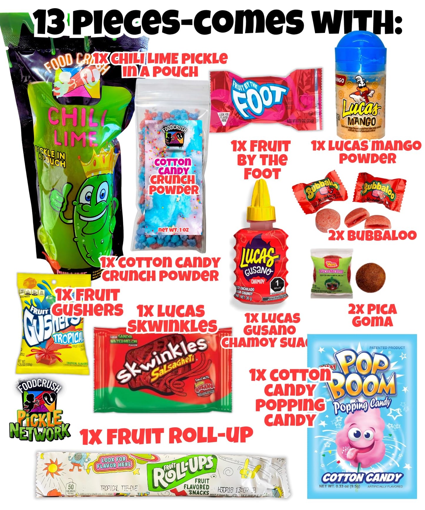 Food Crush Spicy Hot Chili Lime Pickle Kit + Cotton Candy Crunch Gift Pouch - 13 Pcs Variety Pack for Teens