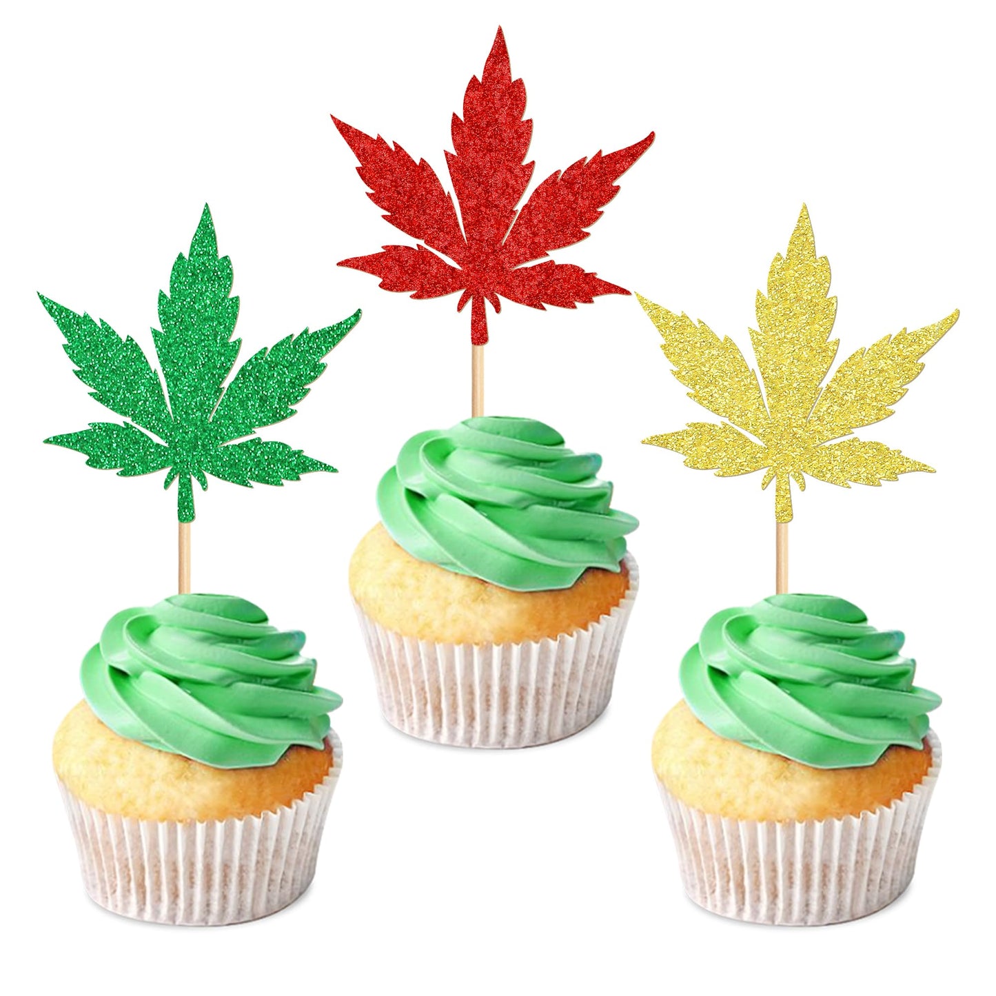 Ercadio 24 Pcs Cupcake Toppers - Green Red Glitter Birthday Party Decorations